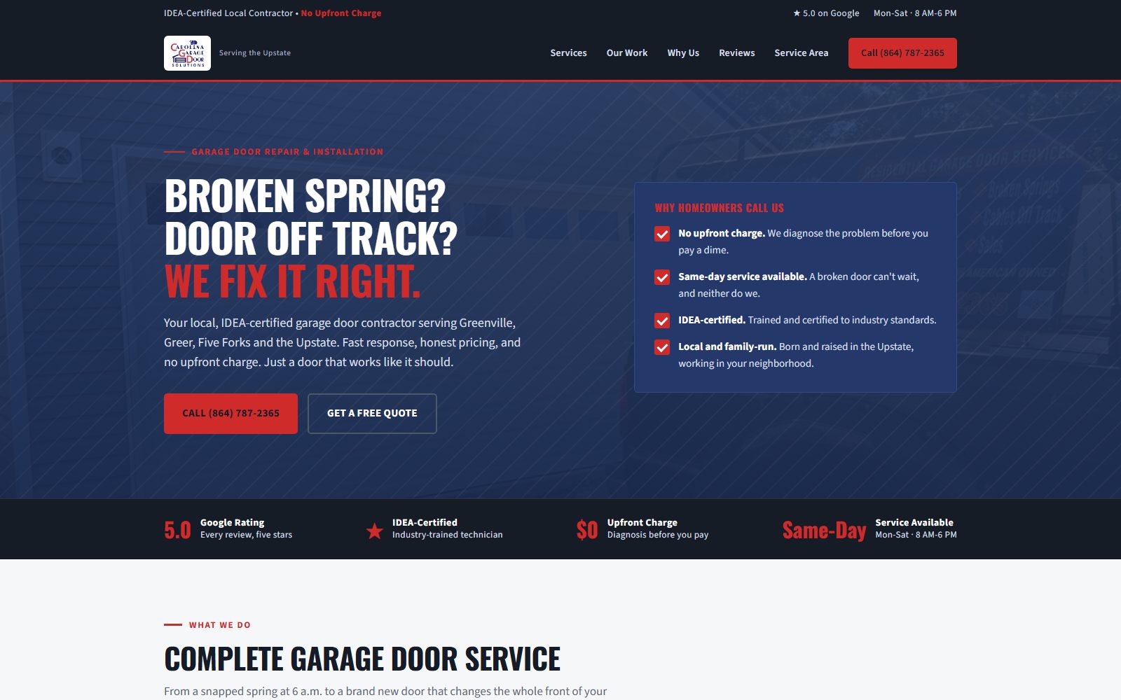 Carolina Garage Door Solutions homepage